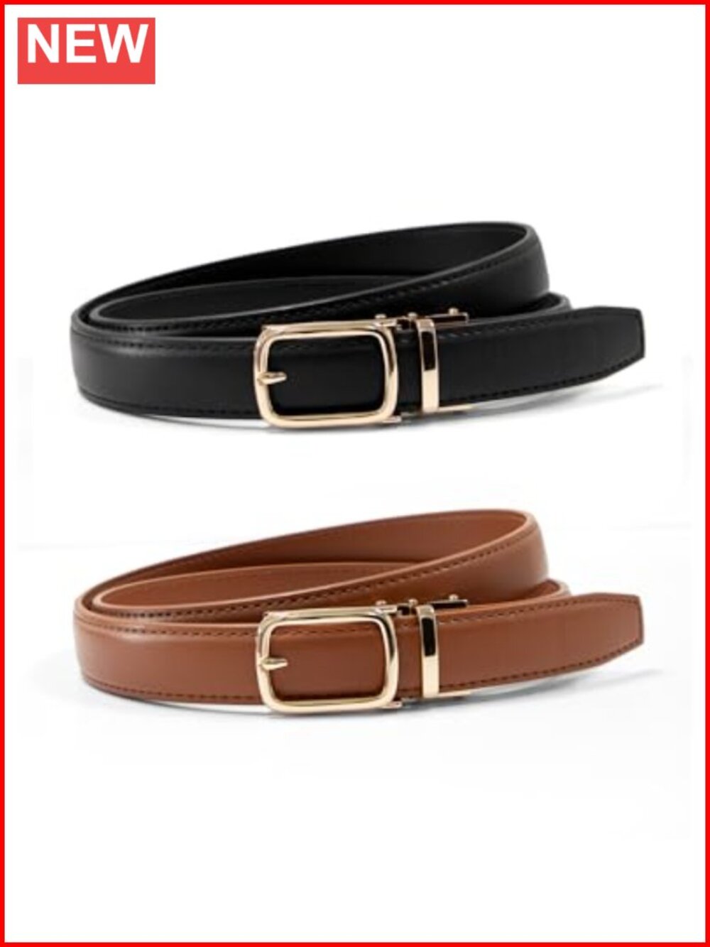 Women's Skinny Ratchet Faux Leather Belts 2 Pack Adjustable No-Holes Fit